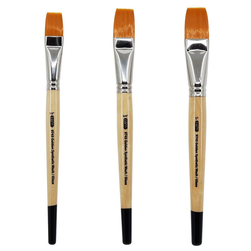 ZEM Brush Golden Synthetic Brushes Wash/Glaze Set Sizes 1/2", 3/4", 1" - Image 1